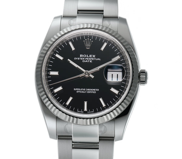 Date 34mm Steel With 18k Fluted Bezel Black Index Dial