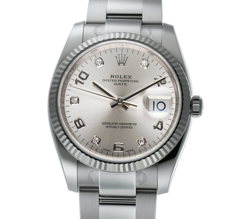 Zoologisk have ødemark At tilpasse sig Rolex OP Date 34mm Steel With Fluted Bezel Silver Diamond Dial 115234 –  Element iN Time NYC