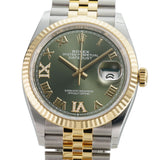 36mm Steel & Yellow Gold Fluted Bezel Olive Green Roman Diamond VI and IX Dial Jubilee Bracelet