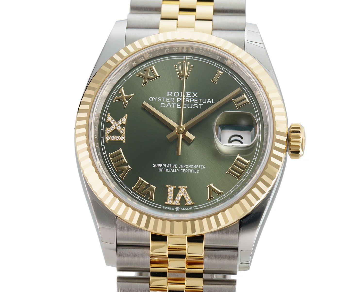 Rolex Datejust 36 Steel & Yellow Gold Olive Green Pave Roman Dial Women's Watch M126233-0025 126233 Olive Green VI IX Roman Jubilee