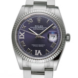 36mm Steel Purple Aubergine Roman Diamond VI And IX Dial 18k Fluted Bezel Oyster Bracelet
