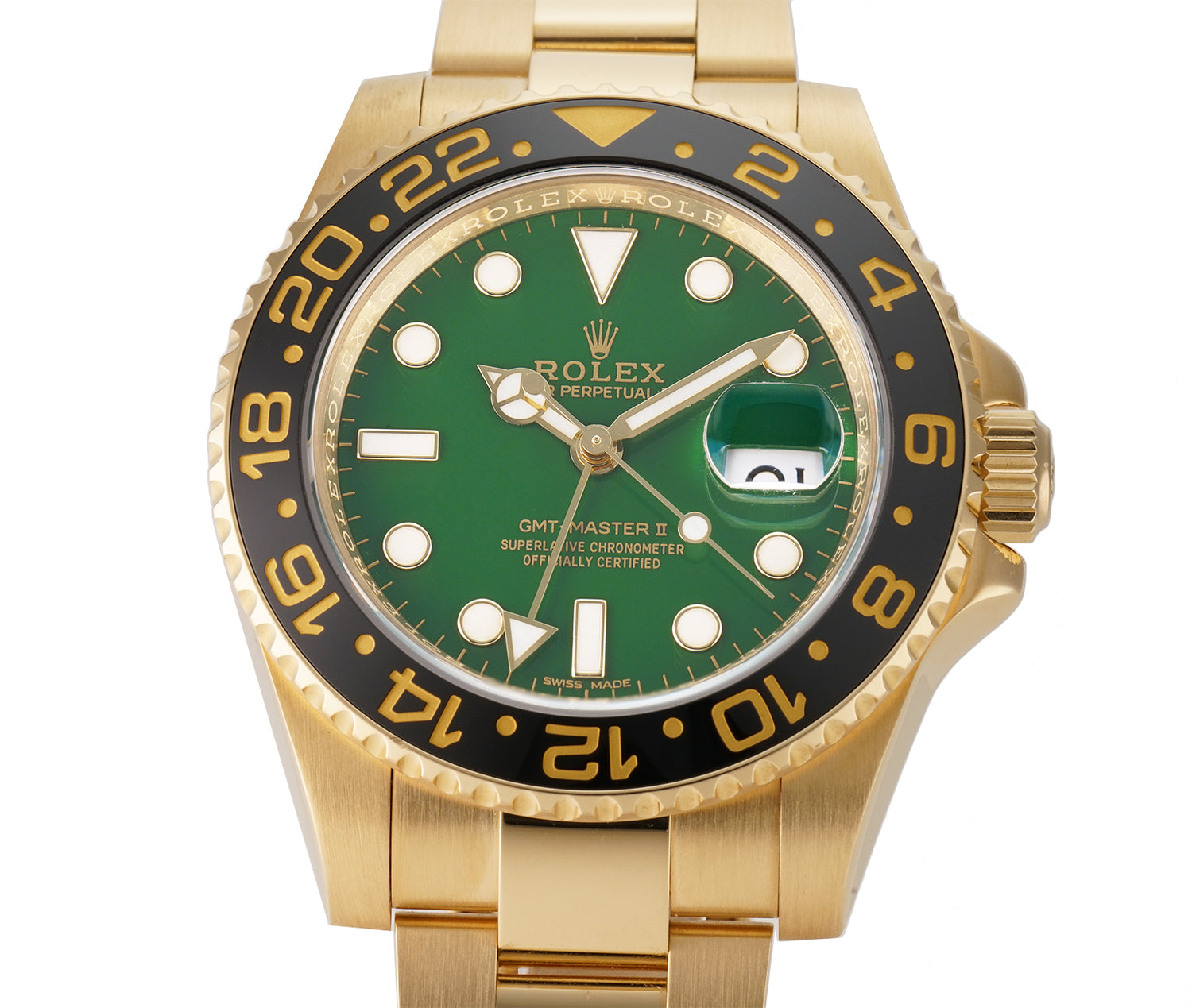 Rolex GMT Master II 18k Yellow Gold Ceramic Bezel Green Dial