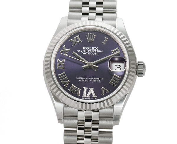 31mm Steel Purple Aubergine Roman Diamond VI And IX Dial 18k Fluted Bezel Jubilee Bracelet
