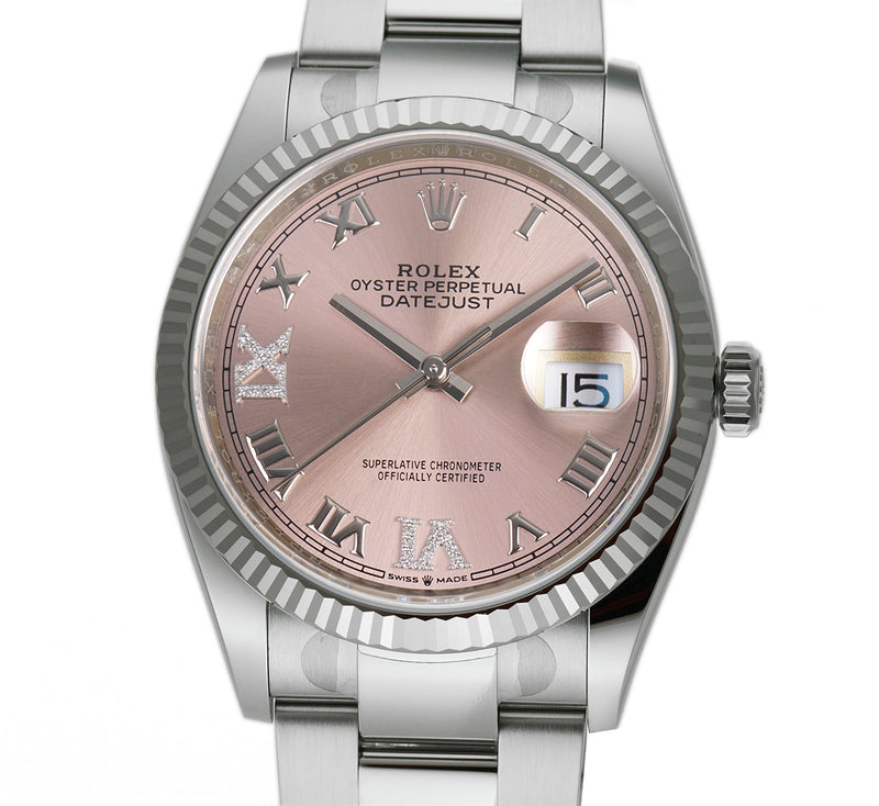 36mm Steel Pink Roman Diamond VI and IX Dial 18k Fluted Bezel Oyster Bracelet