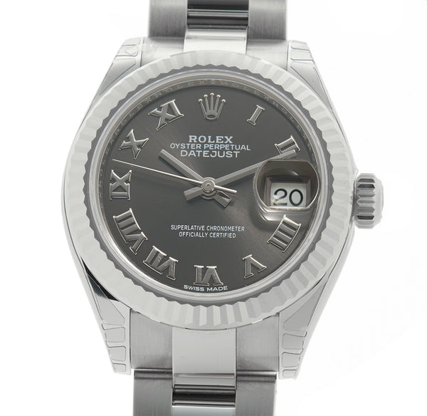 28mm Lady Datejust Fluted Bezel Dark Grey Roman Dial Oyster Bracelet