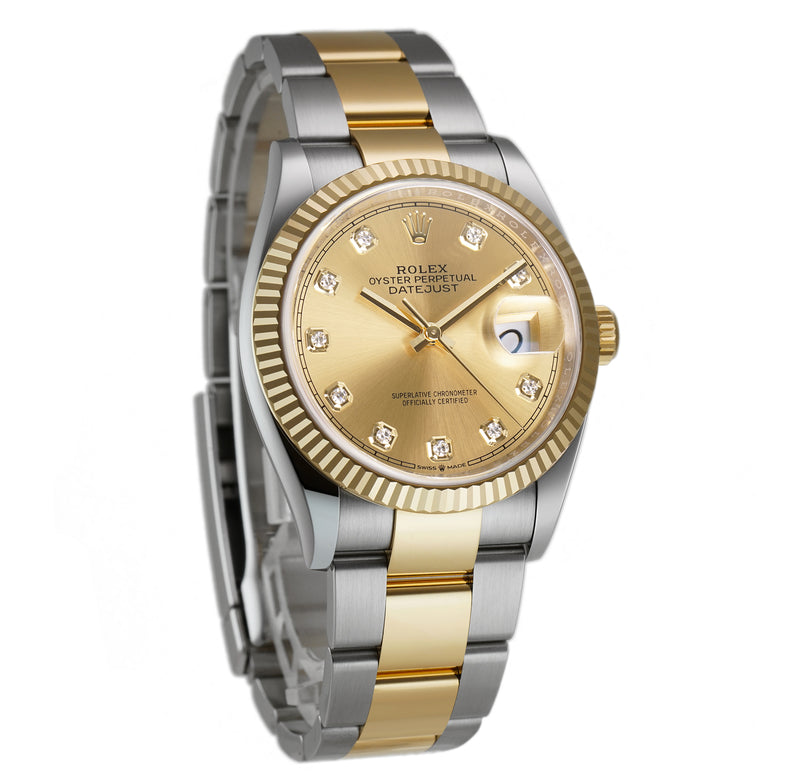 36mm Steel & Yellow Gold Fluted Bezel Champagne Diamond Dial Oyster Bracelet
