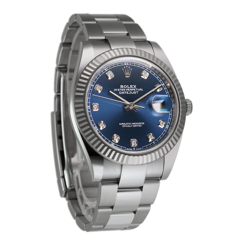 41mm Steel Blue Diamond Dial 18k Fluted Bezel Oyster Bracelet