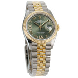 36mm Steel & Yellow Gold Fluted Bezel Olive Green Roman Diamond VI and IX Dial Jubilee Bracelet