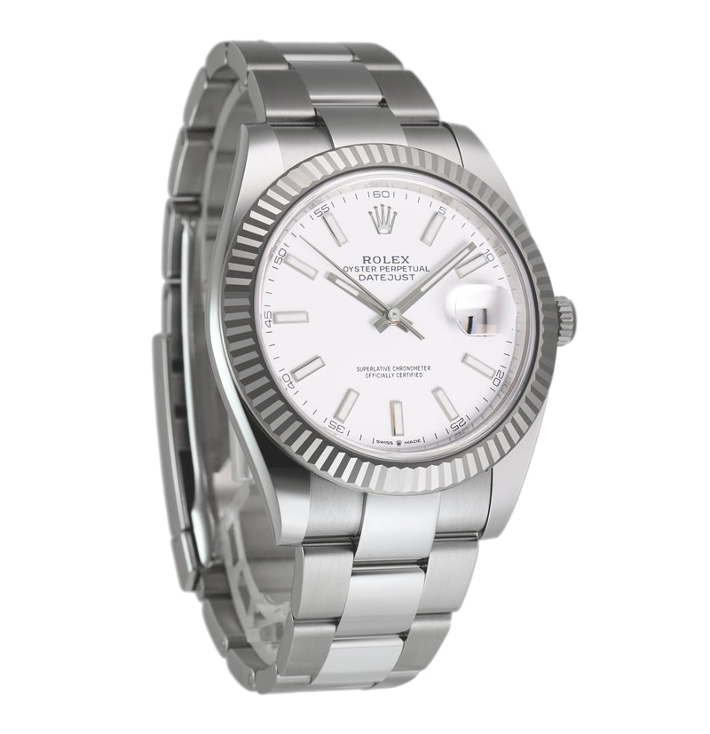 41mm Steel White Index Dial 18k White Gold Fluted Bezel Oyster Bracelet