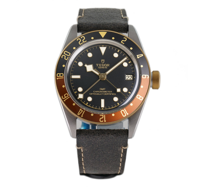 GMT S&G Rootbeer Steel and Yellow Gold 41mm Black Dial on Leather