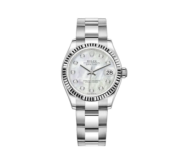 31mm Steel and 18k Fluted Bezel White MOP Mother-of-Pearl Diamond Oyster Bracelet