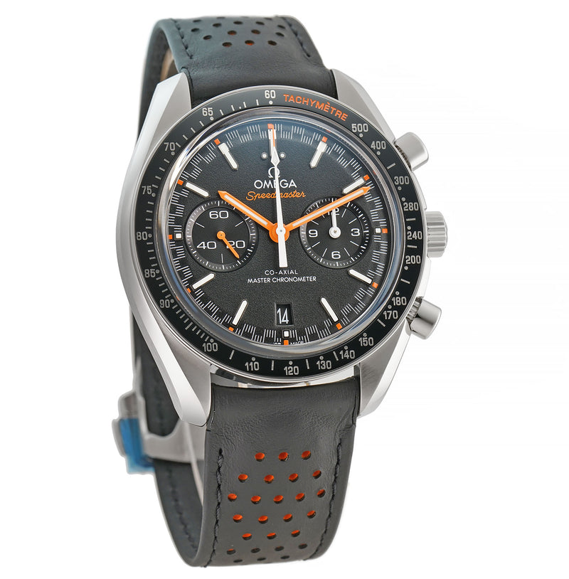 44mm Racing Chronograph Steel Black Dial Orange Accents on Leather