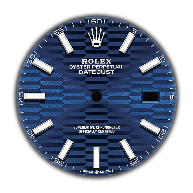 Rolex DJ 41 18k WG Bezel Bright Blue Fluted Motif Index Oyster