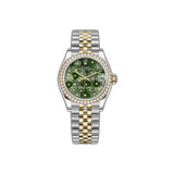 31mm Steel & Yellow Gold Diamond Bezel Olive Green FLoral Motif Diamond Dial Jubilee Bracelet