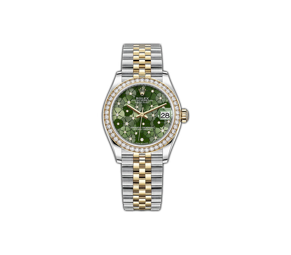 31mm Steel & Yellow Gold Diamond Bezel Olive Green FLoral Motif Diamond Dial Jubilee Bracelet