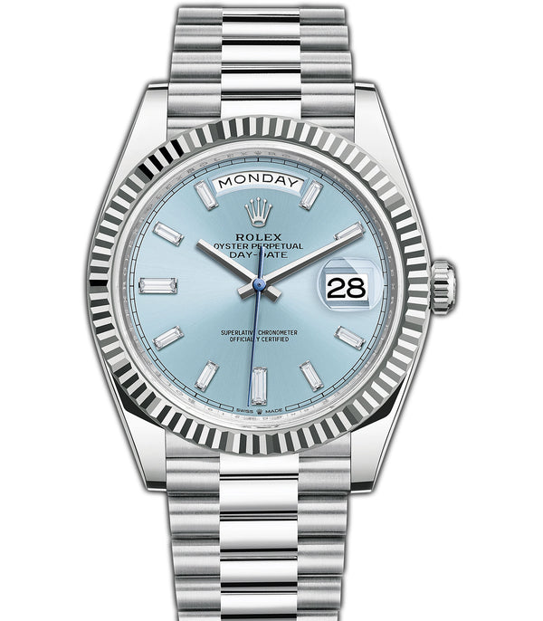 40mm Platinum President Fluted Bezel Ice Blue Baguette Dial