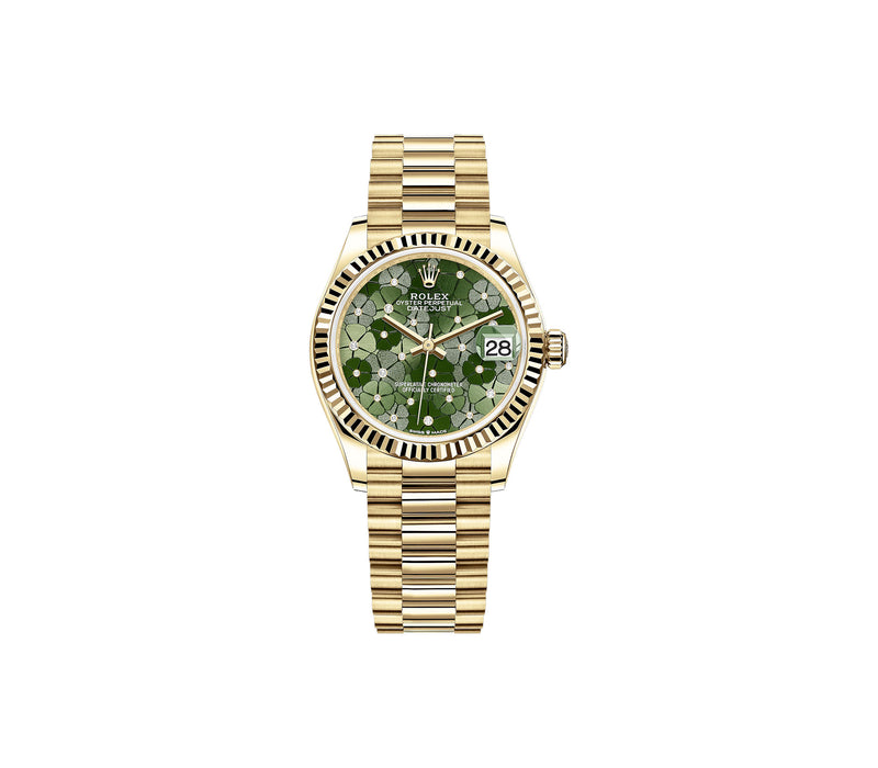 31mm 18k Yellow Gold Olive Green Floral Motif Diamond Dial President Bracelet